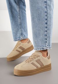 Renee - Ciemnobeżowe Sneakersy w Stylu Klasycznych Tenisówek na Platformie Nallania. Okazja: na spacer. Kolor: beżowy. Materiał: jeans. Obcas: na platformie. Sport: turystyka piesza #5