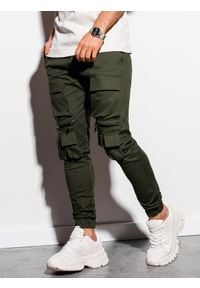 Ombre Clothing - Spodnie męskie joggery - khaki P995 - M. Kolor: brązowy. Materiał: bawełna, elastan