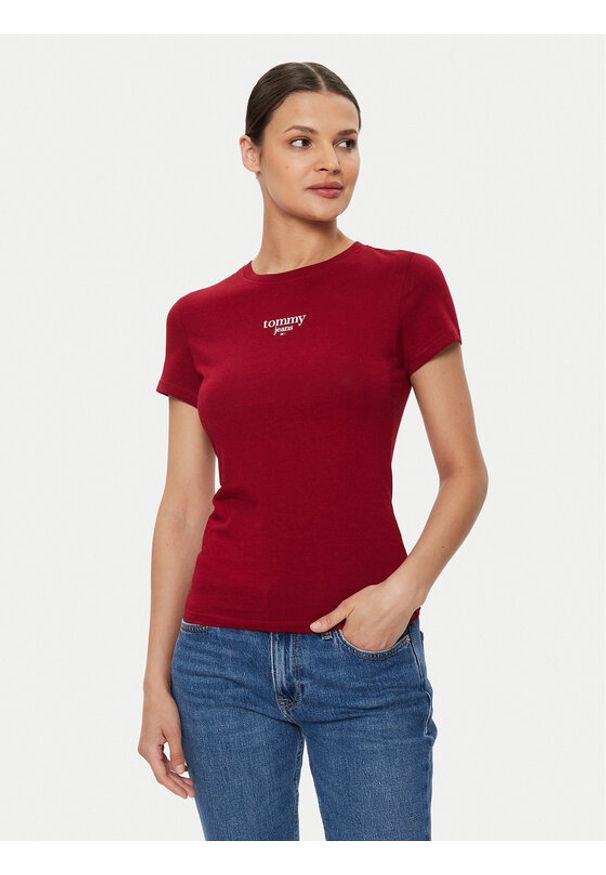 Tommy Jeans T-Shirt Essential DW0DW18397 Bordowy Slim Fit. Kolor: czerwony. Materiał: bawełna