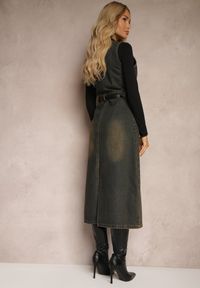 Renee - Granatowa Jeansowa Sukienka z Paskiem z Ekoskóry i Rozcięciem Zapinana na Suwak Samicella. Kolor: niebieski. Materiał: jeans