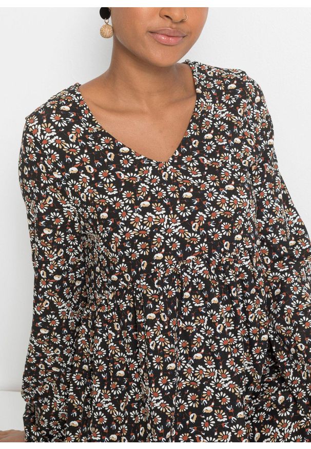 bonprix - Bluzka shirtowa ze zrównoważonej wiskozy. Typ kołnierza: dekolt w serek. Kolor: czarny. Materiał: wiskoza. Długość rękawa: długi rękaw. Długość: długie. Wzór: kwiaty