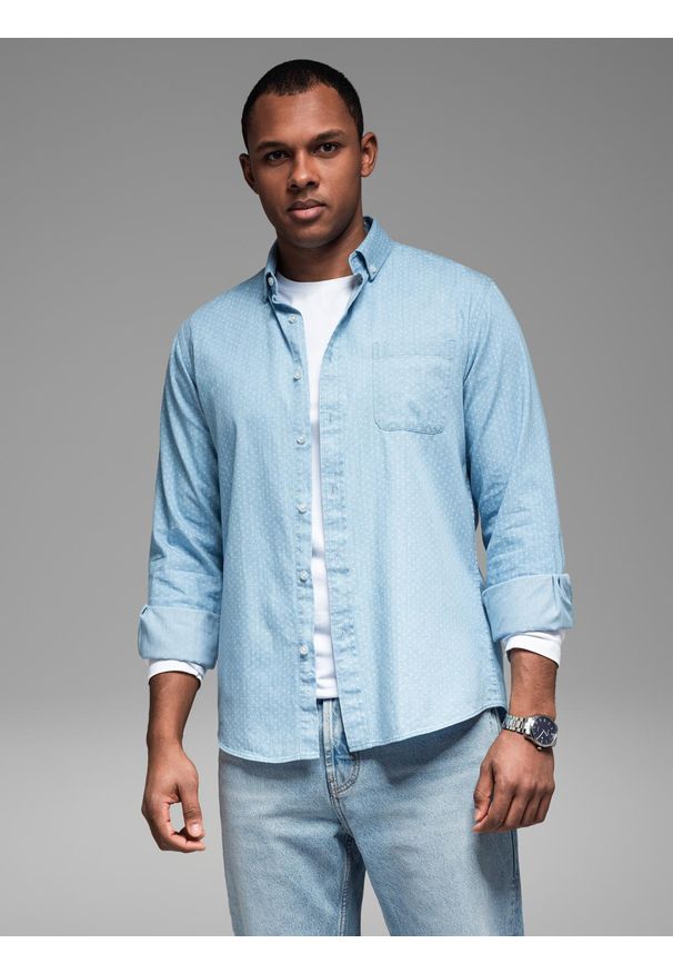 Ombre Clothing - Wzorzysta koszula męska z cienkiego jeansu z kieszonką – jasnoniebieska V1 - Rozmiar: XL. Okazja: na co dzień. Kolor: niebieski. Materiał: jeans. Wzór: gładki. Styl: klasyczny, casual