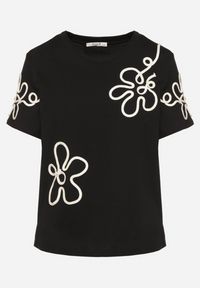 Born2be - Czarny T-shirt z Kwiatowymi Aplikacjami Tilenna. Okazja: na co dzień. Kolor: czarny. Materiał: jeans. Wzór: aplikacja, kwiaty. Styl: klasyczny, elegancki, casual