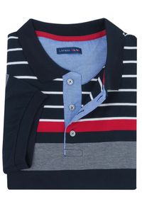Lanieri Fashion - Granatowa męska koszulka polo w czerwono-białe paski KP14. Typ kołnierza: polo. Kolor: biały, wielokolorowy, czerwony, niebieski. Materiał: bawełna, materiał. Długość: krótkie. Wzór: paski #1