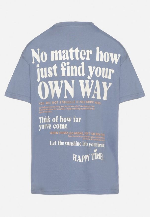 Born2be - Niebieski Bawełniany T-shirt Oversize Fillaria. Okazja: na co dzień. Kolor: niebieski. Materiał: bawełna. Wzór: aplikacja. Styl: klasyczny, casual