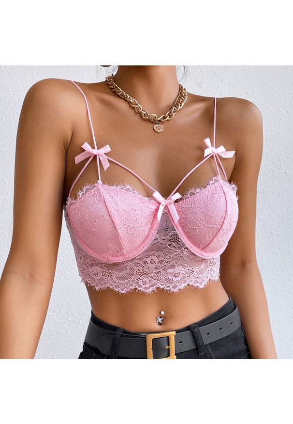 Intica - Biustonosz koronkowy bez fiszbin z kokardkami Hayriye. Kolor: różowy. Materiał: koronka. Wzór: koronka