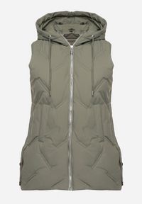 Born2be - Zielona Przejściowa Kamizelka z Pikowanymi Przeszyciami i Kapturem Fesolira. Okazja: na co dzień. Kolekcja: plus size. Kolor: zielony. Materiał: jeans. Styl: sportowy, casual