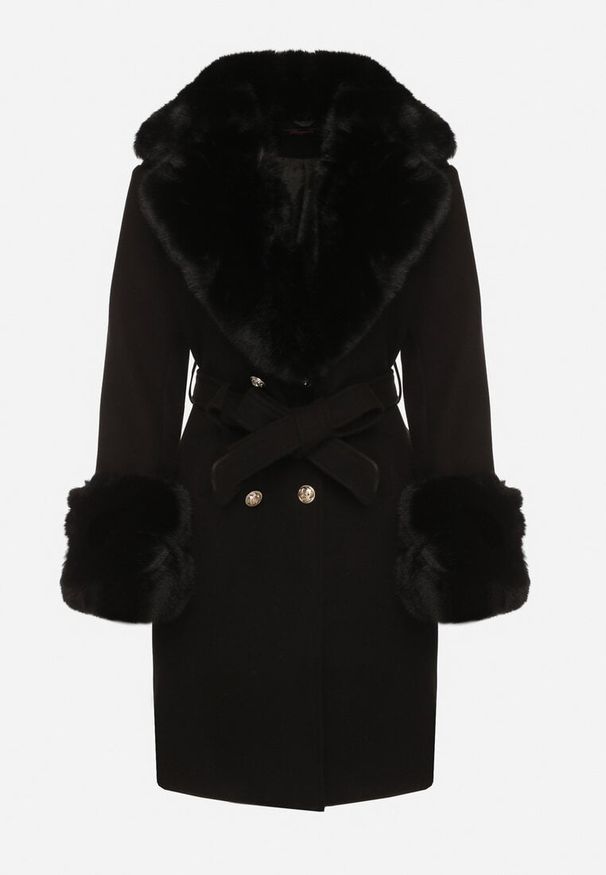Born2be - Czarny Elegancki Płaszcz o Dwurzędowym Kroju z Futerkiem Landrie. Okazja: na co dzień. Kolor: czarny. Materiał: futro. Styl: elegancki