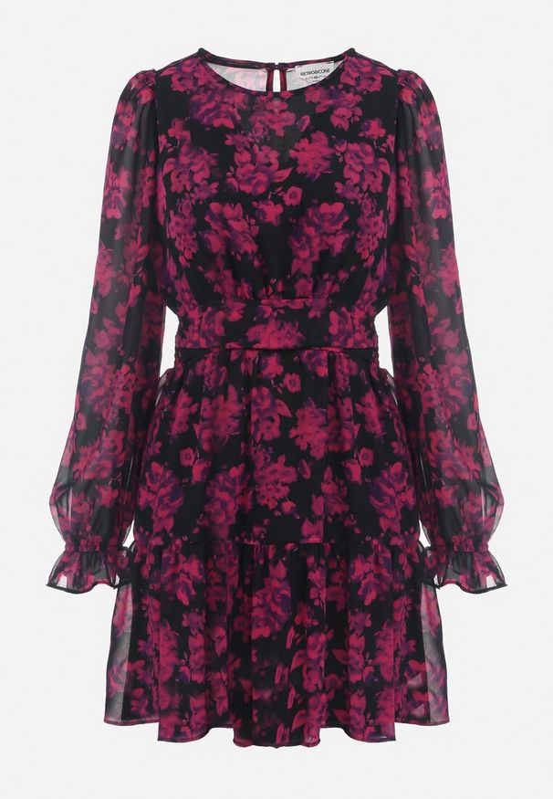 Born2be - Różowa Rozkloszowana Mini Sukienka w Kwiaty Ozdobiona Falbankami Jumiza. Typ kołnierza: kołnierz z falbankami. Kolor: różowy. Wzór: aplikacja, kwiaty. Długość: mini