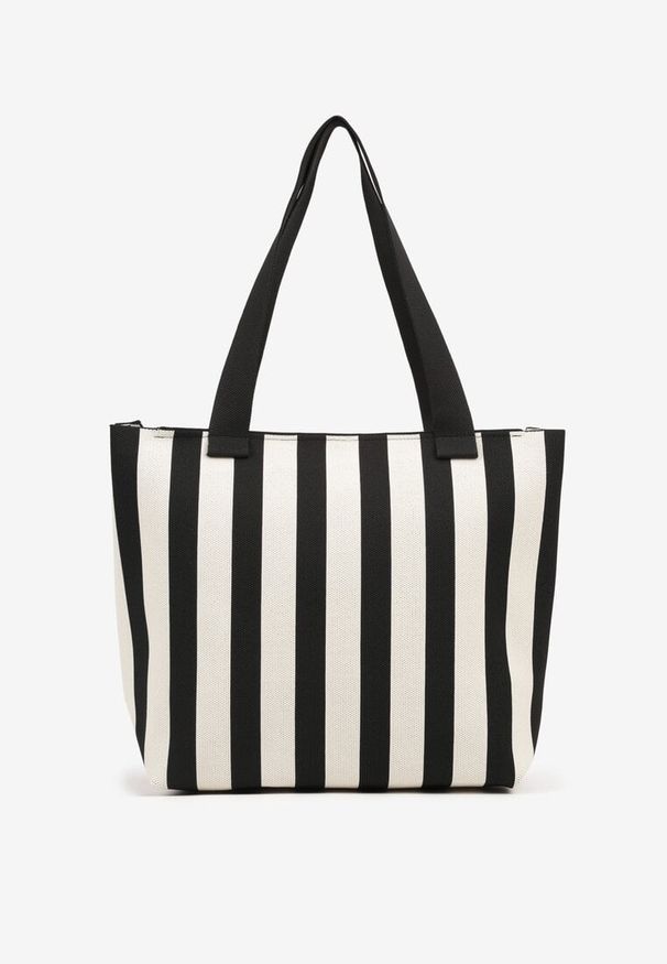 Born2be - Czarna Torebka w Paski Shopper na Suwak Salisea. Kolor: czarny. Wzór: paski. Styl: klasyczny, elegancki, casual