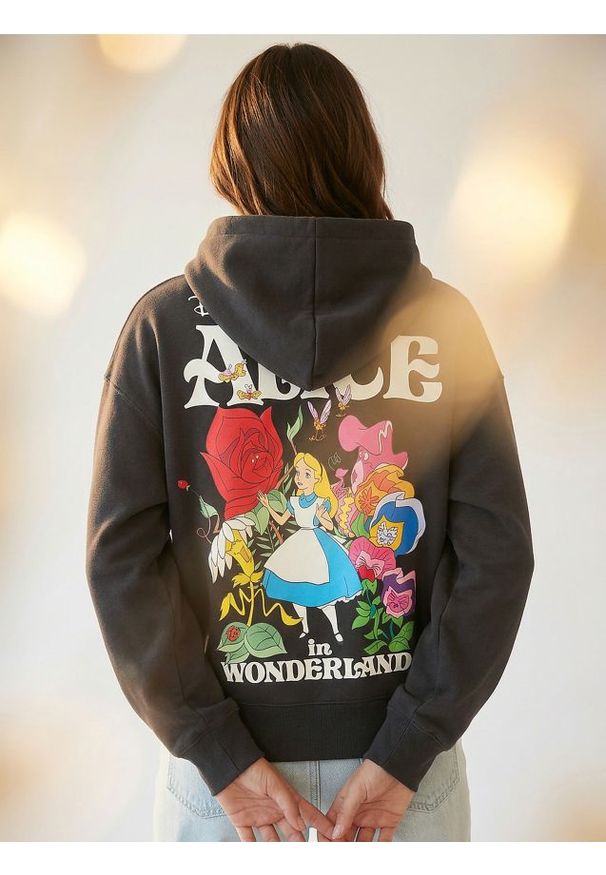 Sinsay - Dresowa bluza hoodie z nadrukiem na plecach Alice in Wonderland - szary. Kolor: szary. Materiał: dresówka. Wzór: nadruk