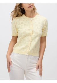 Reserved - Ażurowy kardigan - jasnożółty. Kolor: żółty. Materiał: dzianina, bawełna. Wzór: ażurowy #1