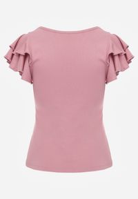 Renee - Różowa Gładka Bluzka z Bawełny z Rękawkami z Falbanek Nedaxera. Okazja: na co dzień, na randkę, na imprezę. Typ kołnierza: kołnierz z falbankami. Kolor: różowy. Materiał: bawełna. Długość rękawa: krótki rękaw. Wzór: gładki. Styl: casual #3