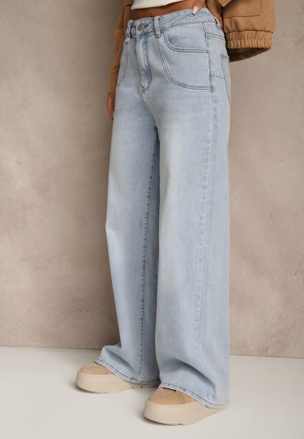 Renee - Niebieskie Jeansy High Waist o Szerokim Kroju z Przeszyciami i Imitacją Kieszeni Saliana. Stan: podwyższony. Kolor: niebieski