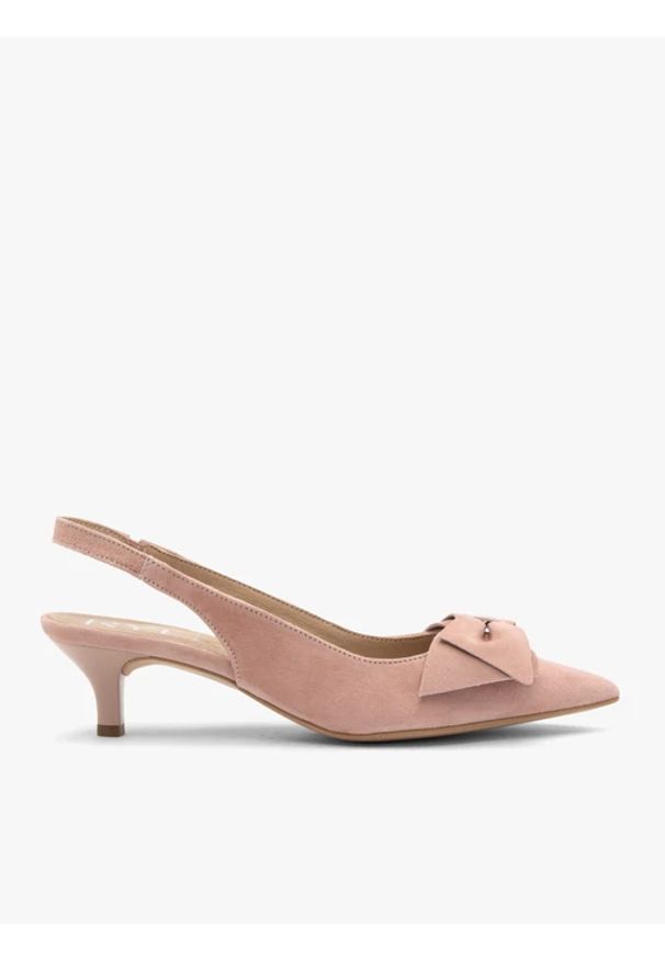 Ryłko - Różowe czółenka damskie bez pięty slingback z kokardą. Kolor: różowy. Materiał: skóra, welur. Obcas: na obcasie. Styl: street. Wysokość obcasa: średni