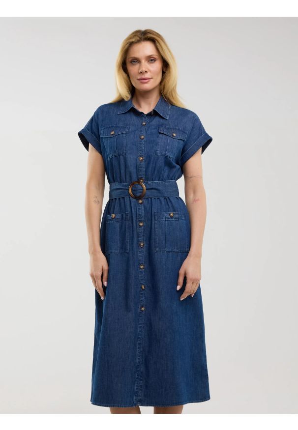 Big-Star - Sukienka damska midi jeansowa z paskiem granatowa Bailey 361. Okazja: na co dzień. Kolor: niebieski. Materiał: jeans. Styl: casual. Długość: midi