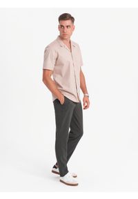 Ombre Clothing - Męska koszula z krótkim rękawem i kubańskim kołnierzem - jasnobrązowa V6 - Rozmiar: XXL. Okazja: na co dzień. Kolor: brązowy. Materiał: tkanina, bawełna. Długość rękawa: krótki rękaw. Długość: krótkie. Wzór: gładki. Sezon: lato. Styl: klasyczny, casual #4
