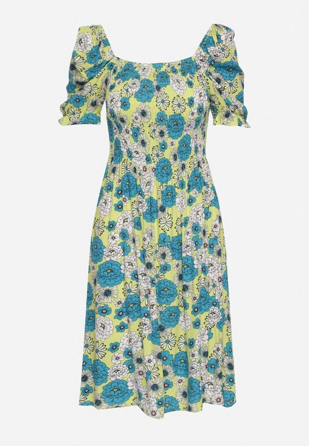 Born2be - Zielono-Niebieska Wiskozowa Sukienka Midi z Gumkami Przy Dekolcie i Wzorem w Kwiaty Alonvaria. Okazja: na spacer, na imprezę. Kolor: zielony. Materiał: wiskoza. Wzór: kwiaty. Sezon: wiosna, lato. Długość: midi