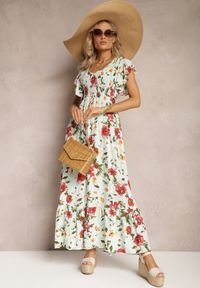 Renee - Jasnozielona Wiskozowa Sukienka w Kwiatowy Print Rozkloszowana Maxi Veradisia. Okazja: na plażę, na spacer. Kolor: zielony. Materiał: wiskoza. Wzór: kwiaty, nadruk. Sezon: lato. Długość: maxi #4