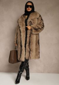 Renee - Brązowy Płaszcz Futerko o Prostym Kroju z Szerokim Kołnierzem Ezilana. Kolor: brązowy. Materiał: futro. Styl: elegancki #2