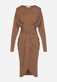 Born2be - Brązowa Sukienka Kopertowa z Wiskozą Zdobiona Marszczeniem Edivana. Kolor: brązowy. Materiał: wiskoza. Wzór: aplikacja. Typ sukienki: kopertowe. Styl: elegancki, klasyczny #4