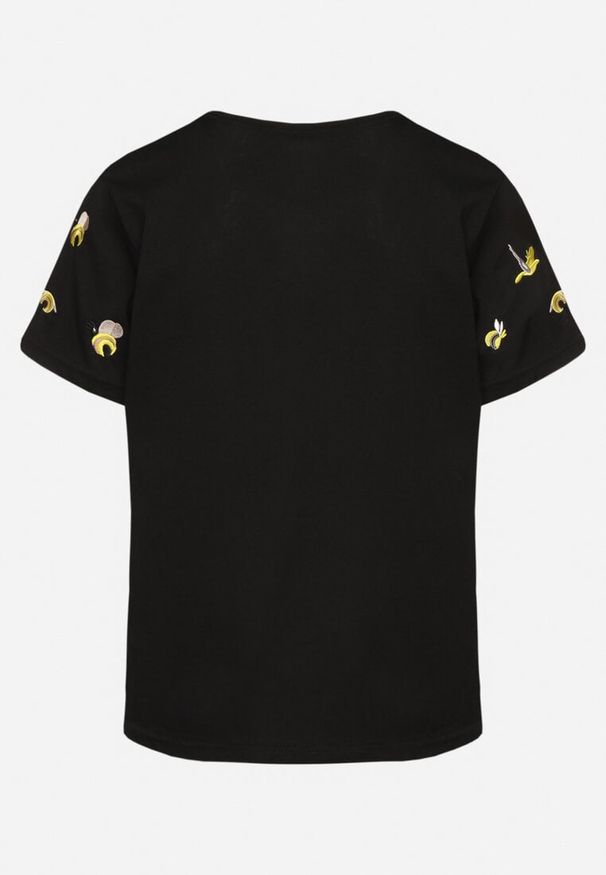 Born2be - Czarny T-shirt z Bawełny Ozdobiony Haftem Hiraviel. Okazja: na co dzień. Kolor: czarny. Materiał: bawełna. Wzór: haft, aplikacja. Styl: casual