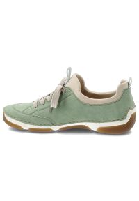 Półbuty damskie Rieker, cholewka skóra ekologiczna wsuwane niski fason zaokrąglony nosek kontrastowe elementy kolorystyczne pętla z tyłu masywna lini. Okazja: na spacer, na co dzień. Zapięcie: bez zapięcia. Kolor: zielony. Materiał: skóra ekologiczna. Szerokość cholewki: normalna. Styl: casual, elegancki, sportowy, klasyczny #4
