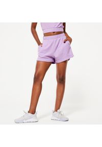 DOMYOS - Spodenki fitness damskie frotte. Kolor: fioletowy. Materiał: poliester, materiał, elastan. Sport: fitness
