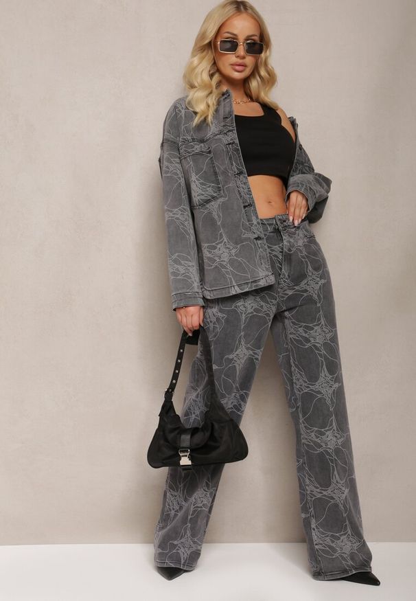 Renee - Ciemnoszara Jeansowa Kurtka w Marmurkowy Wzór Neirana. Kolor: szary. Materiał: jeans