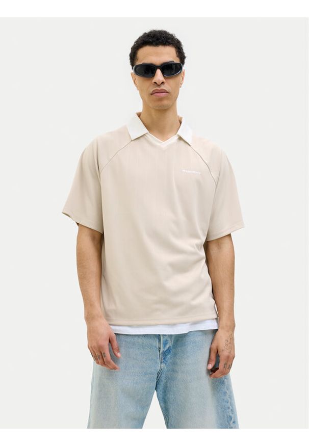 Jack & Jones - Jack&Jones Polo Lido 12276758 Beżowy Loose Fit. Typ kołnierza: polo. Kolor: beżowy. Materiał: syntetyk