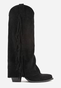 Born2be - Czarne Kozaki Kowbojki na Obcasie z Wywiniętą Cholewką z Frędzlami Monasatia. Okazja: do pracy. Kolor: czarny. Materiał: dzianina, jeans. Szerokość cholewki: normalna. Wzór: aplikacja. Obcas: na obcasie. Styl: klasyczny, elegancki. Wysokość obcasa: średni #5