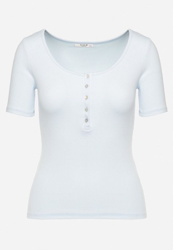 Born2be - Niebieski Prążkowany T-shirt z Bawełny Ozdobiony Guzikami Tasavia. Kolor: niebieski. Materiał: bawełna, prążkowany. Wzór: aplikacja. Sezon: lato. Styl: klasyczny