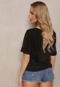 Renee - Czarna Koszulka T-shirt z Brokatem przy Dekolcie Hersana. Okazja: na co dzień. Kolor: czarny. Materiał: jeans, tkanina. Sezon: lato. Styl: klasyczny, casual, elegancki