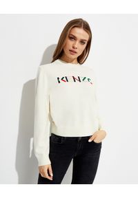 Kenzo - KENZO - Wełniany sweter z logo. Kolor: beżowy. Materiał: wełna. Długość rękawa: długi rękaw. Długość: długie. Wzór: aplikacja, kolorowy. Sezon: wiosna. Styl: klasyczny #1