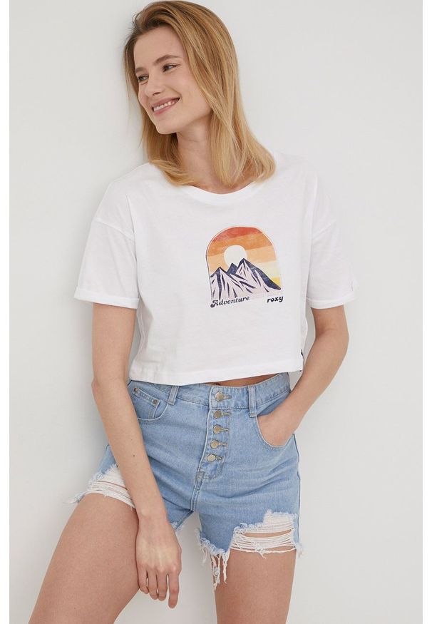 Roxy t-shirt bawełniany kolor biały. Kolor: biały. Materiał: bawełna. Wzór: aplikacja, nadruk