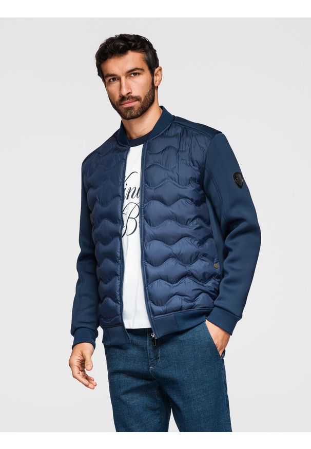 Ombre Clothing - Kurtka męska bomberka z pikowanym wzorem – granatowa V2 - Rozmiar: L. Typ kołnierza: kołnierzyk stójkowy. Kolor: niebieski. Materiał: materiał, syntetyk, poliester. Wzór: nadruk, aplikacja. Styl: elegancki, sportowy