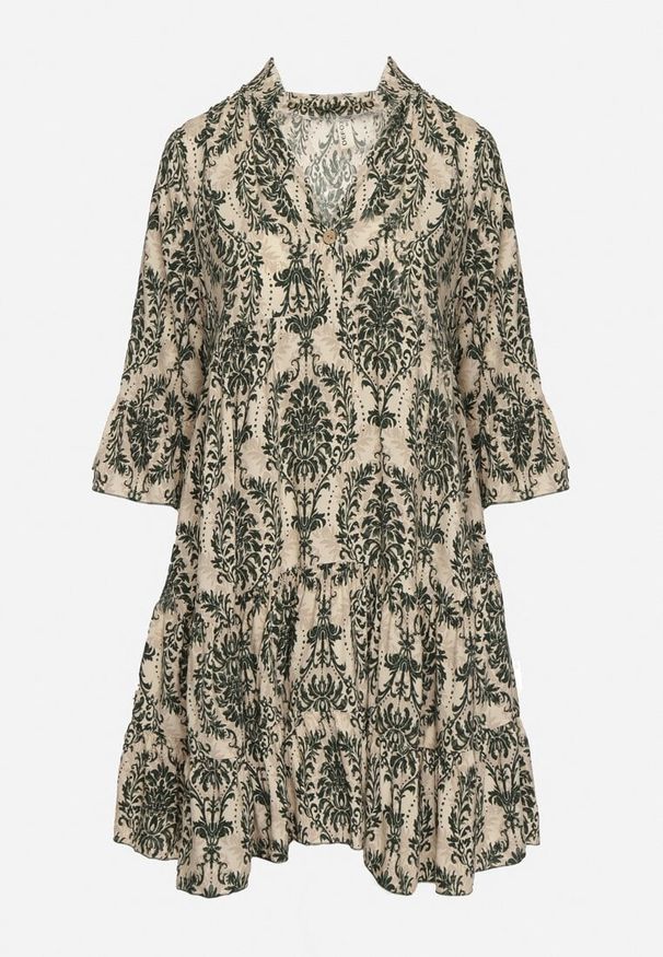 Born2be - Zielono-Beżowa Bawełniana Rozkloszowana Sukienka z Falbankami Miloa. Typ kołnierza: kołnierz z falbankami. Kolor: zielony. Materiał: bawełna. Typ sukienki: rozkloszowane