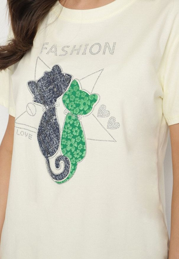 Born2be - Żółty T-shirt z Bawełny z Ozdobnym Napisem i Nadrukiem Olinella. Okazja: na co dzień. Kolor: żółty. Materiał: bawełna. Wzór: napisy, nadruk. Styl: casual