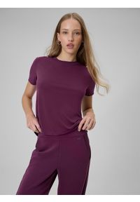 4f - 4F T-shirt regular gładki damski - fioletowy S. Okazja: na co dzień. Kolor: czerwony. Materiał: dzianina, skóra, materiał. Wzór: gładki. Styl: casual #1