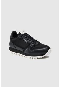 Emporio Armani - EMPORIO ARMANI Czarne sneakersy męskie z logo. Kolor: czarny. Materiał: materiał. Wzór: aplikacja