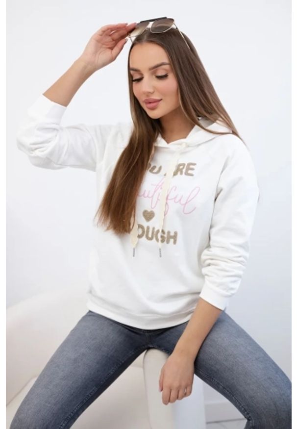Kesi Włoski - Bluza bawełniana z kapturem ecru. Typ kołnierza: kaptur. Materiał: bawełna. Wzór: napisy, aplikacja