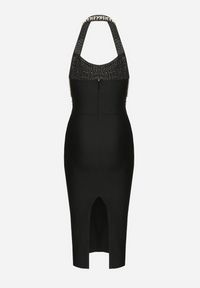 Born2be - Czarna Dopasowana Sukienka z Wiskozą z Dekoltem Halter i Rozcięciem Zdobiona Perłami Sanithiel. Okazja: na imprezę. Typ kołnierza: dekolt halter. Kolor: czarny. Materiał: wiskoza. Wzór: aplikacja #6