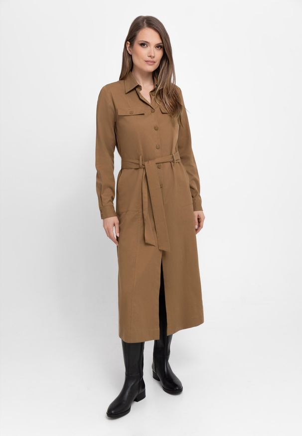 Volcano - Sukienka koszulowa szmizjerka G-VILLA. Okazja: na co dzień, do pracy, na spotkanie biznesowe. Materiał: włókno, bawełna, wiskoza, materiał. Długość rękawa: długi rękaw. Wzór: gładki. Typ sukienki: szmizjerki, koszulowe. Styl: biznesowy, klasyczny, casual, elegancki