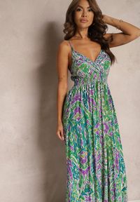 Renee - Zielono-Fioletowa Rozkloszowana Sukienka z Wiskozy na Regulowanych Ramiączkach w Stylu Boho Yalfea. Kolor: zielony. Materiał: wiskoza. Długość rękawa: na ramiączkach. Sezon: lato. Styl: boho #4
