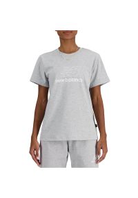 Koszulka New Balance WT41816AG - szara. Kolor: szary. Materiał: bawełna. Długość rękawa: krótki rękaw. Długość: krótkie. Wzór: napisy