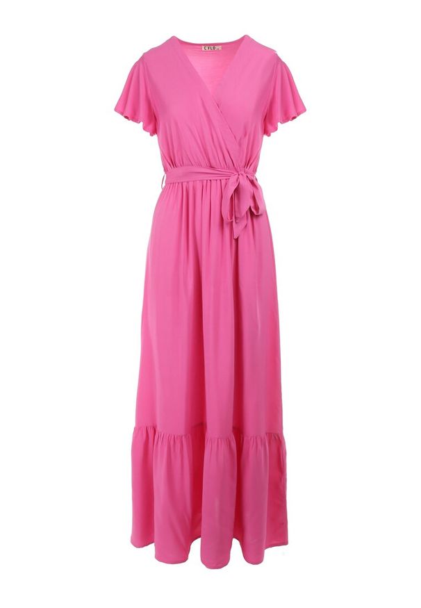 Born2be - Fuksjowa Sukienka Diomeira. Kolor: różowy. Materiał: tkanina. Wzór: jednolity, gładki. Typ sukienki: kopertowe. Styl: klasyczny, elegancki. Długość: maxi