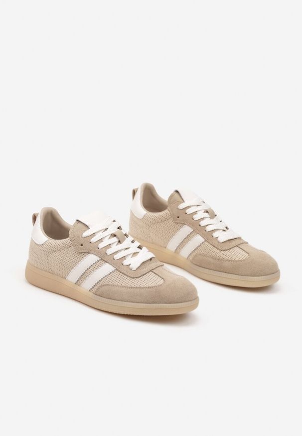 Born2be - Beżowe Skórzane Sneakersy z Geometrycznym Wzorem Nanovia. Okazja: na co dzień. Kolor: beżowy. Materiał: skóra. Wzór: geometria