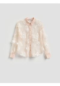 Reserved - Transparentna koszula z aplikacjami - pastelowy róż. Kolor: różowy. Materiał: dzianina. Wzór: aplikacja #1