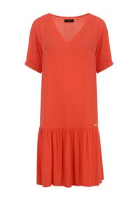 Ochnik - Czerwona sukienka z falbanką. Kolor: czerwony. Materiał: materiał. Typ sukienki: rozkloszowane. Długość: mini #4