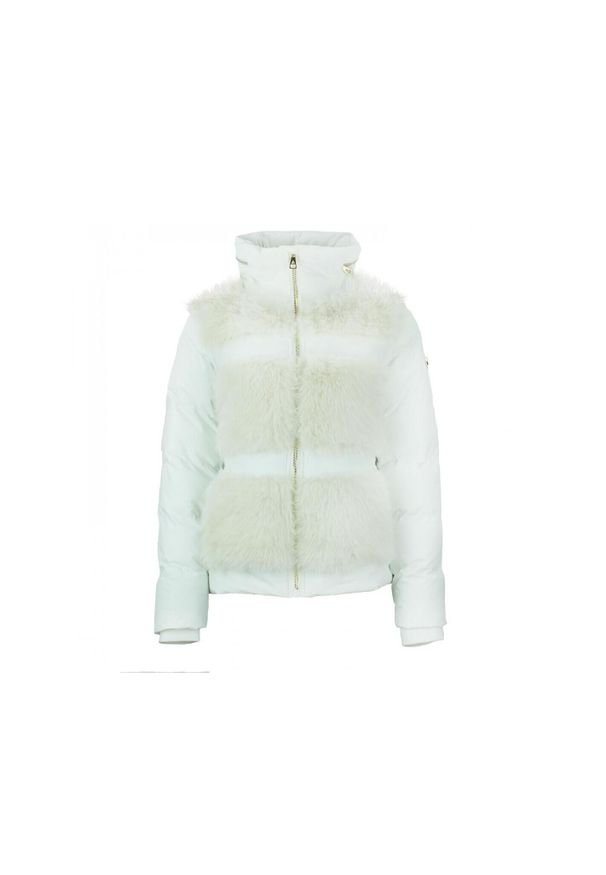 PEAK MOUNTAIN - Damska kurtka futrzana ze zintegrowanym kapturem Peak Mountain. Typ kołnierza: kołnierzyk stójkowy. Kolor: wielokolorowy, biały, beżowy. Materiał: futro. Sport: turystyka piesza